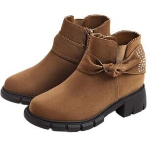 Coutgo Girls Size 10 Brown Faux Suede Side Zip Low Block Heel Bow Ankle Boots